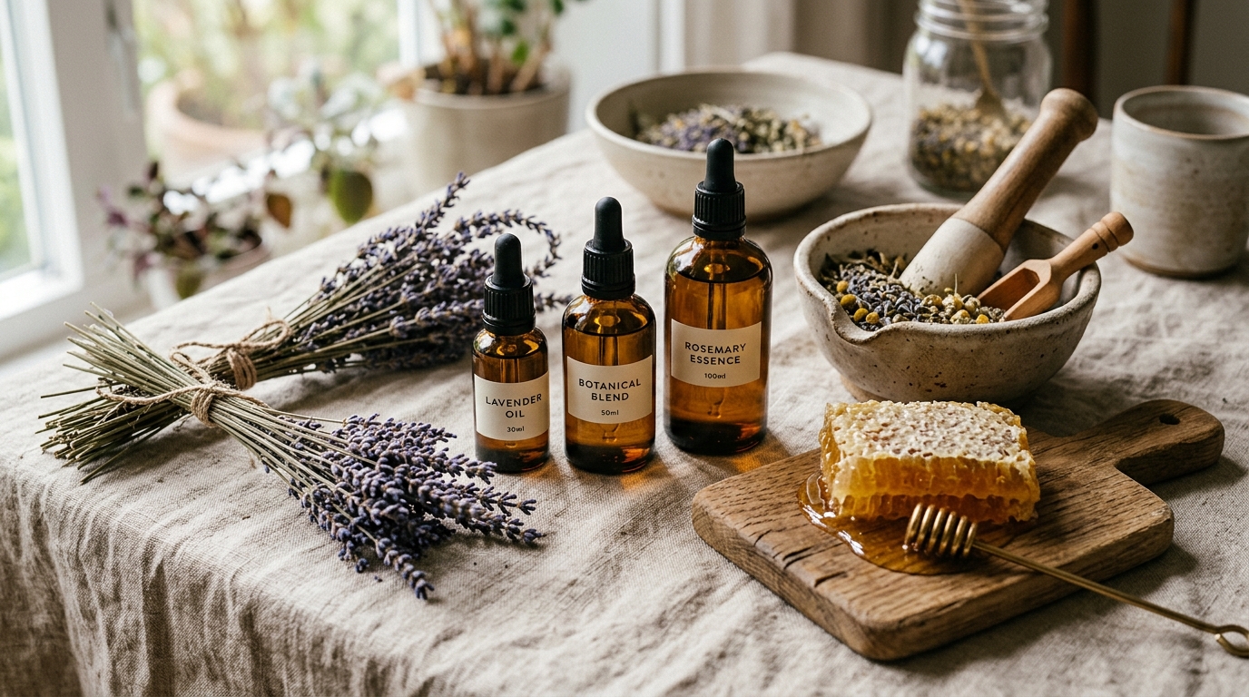 Naturalne składniki wellness na lnianym obrusie — zioła, olejki, miód